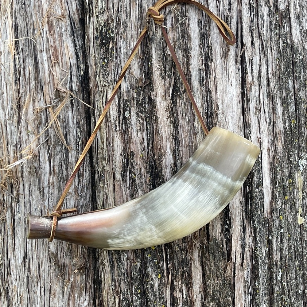 Antique 1800 Natural Horn Drinking Vessel with Leather Strap/vintage